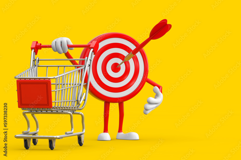 Poster archery target and dart in center cartoon person character mascot with shopping cart trolley. 3d ren