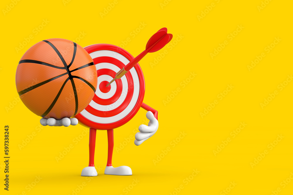 Poster archery target and dart in center cartoon person character mascot with basketball ball. 3d rendering