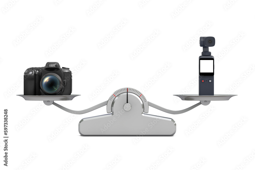 Leinwandbilder Pocket Handheld Gimbal Action Camera and Modern Digital Photo Camera Balancing on a Simple Weighting Scale. 3d Rendering