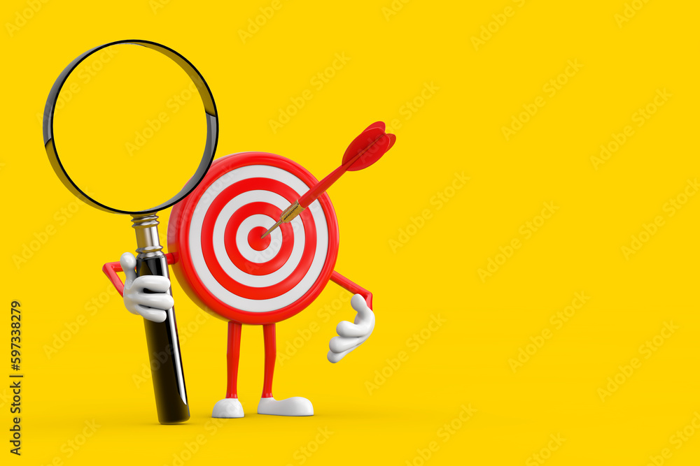 Poster archery target and dart in center cartoon person character mascot with magnifying glass. 3d renderin