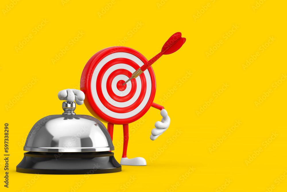 Aufkleber Archery Target and Dart in Center Cartoon Person Character Mascot with Hotel Service Bell Call. 3d Rendering