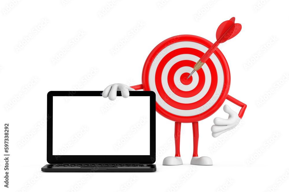 Poster archery target and dart in center cartoon person character mascot with modern laptop computer notebo
