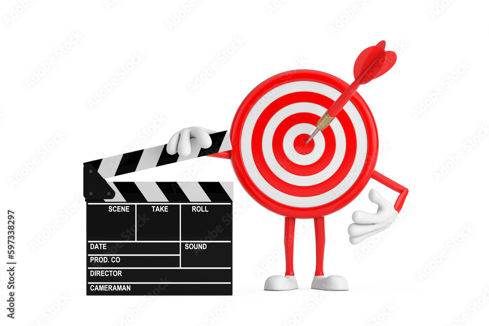 Aufkleber archery target and dart in center cartoon person character mascot with movie clapper board. 3d rende