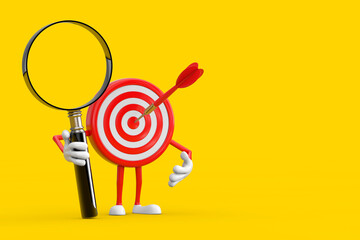 Archery Target and Dart in Center Cartoon Person Character Mascot with Magnifying Glass. 3d Rendering