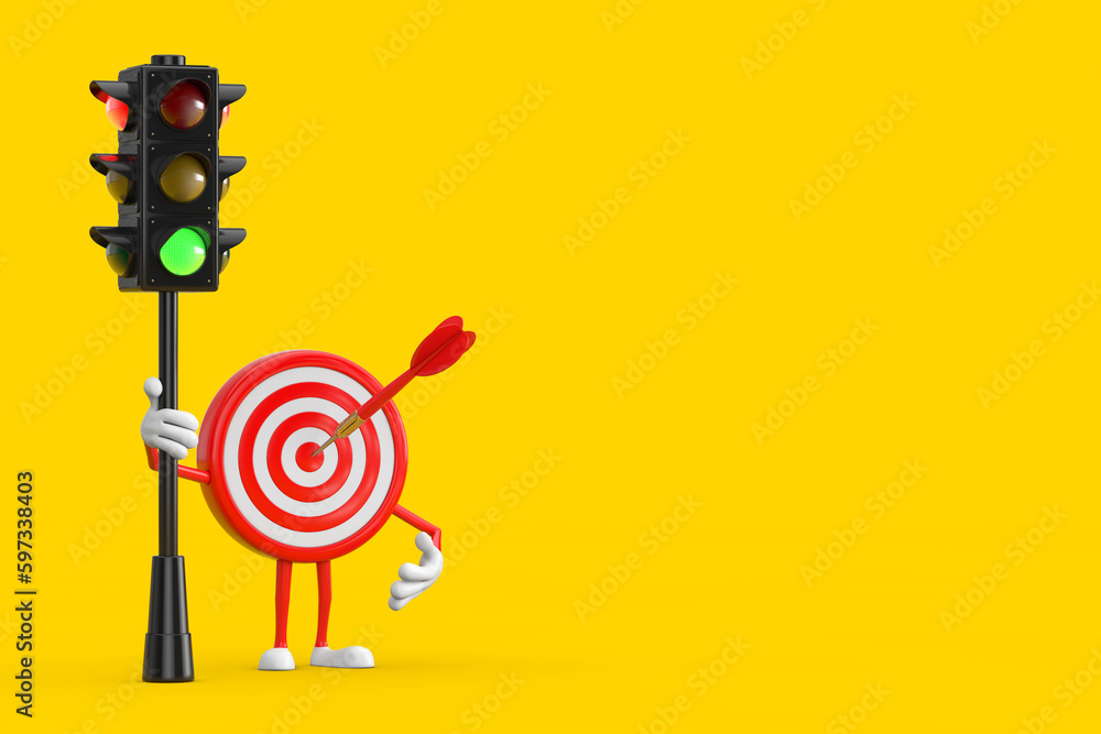 Aufkleber archery target and dart in center cartoon person character mascot with traffic green light. 3d rende