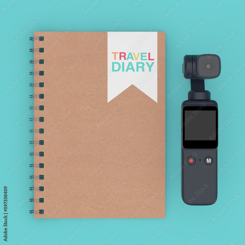 Aufkleber brown spiral travel diary notepad with pocket handheld gimbal action camera. 3d rendering