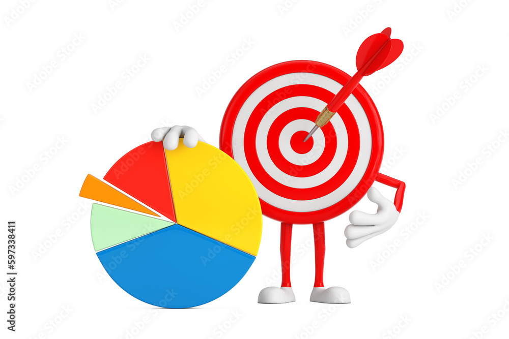 Poster archery target and dart in center cartoon person character mascot with info graphics business pie ch