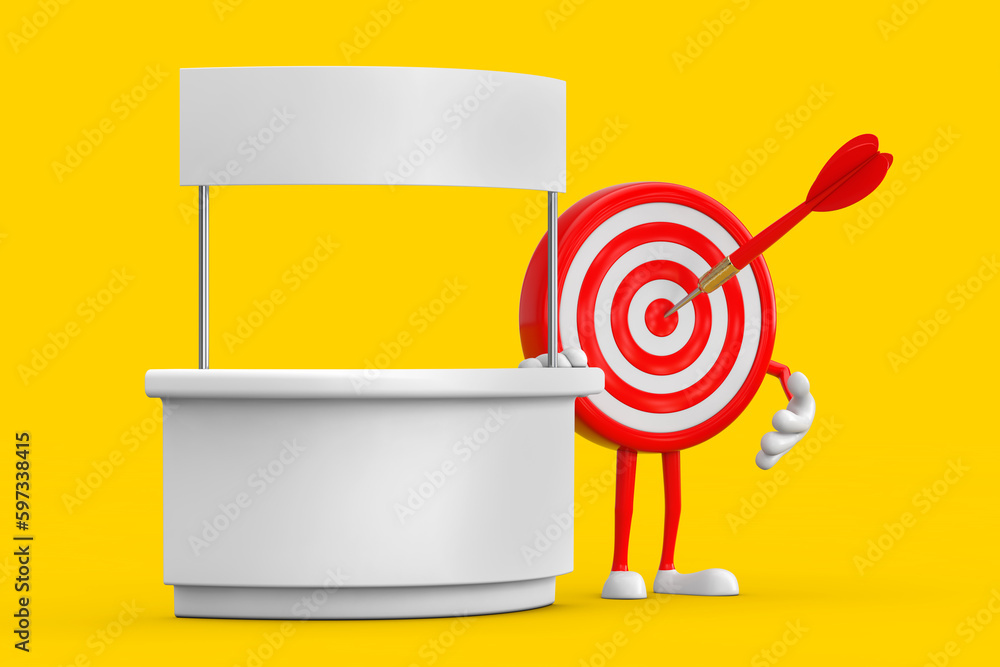 Leinwandbilder Archery Target and Dart in Center Cartoon Person Character Mascot near Blank Promotion Stand with Free Space for Your Design. 3d Rendering