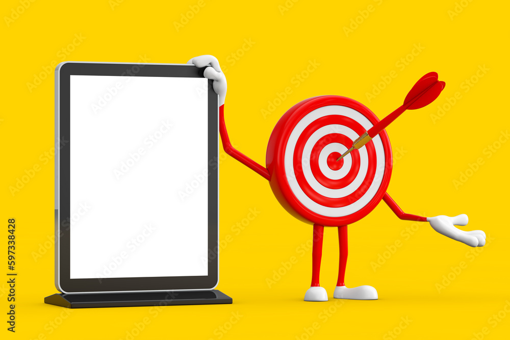Aufkleber archery target and dart in center cartoon person character mascot with blank trade show lcd screen d