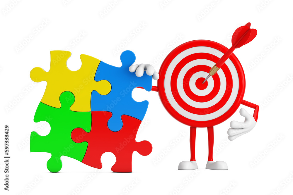 Fototapete archery target and dart in center cartoon person character mascot with four pieces of colorful jigsa