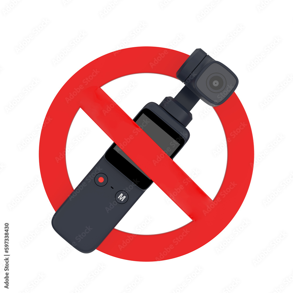 Aufkleber black pocket handheld gimbal action camera with red prohibition or forbidden sign. 3d rendering