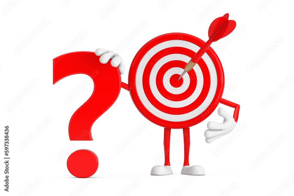 Poster archery target and dart in center cartoon person character mascot with red question mark sign. 3d re