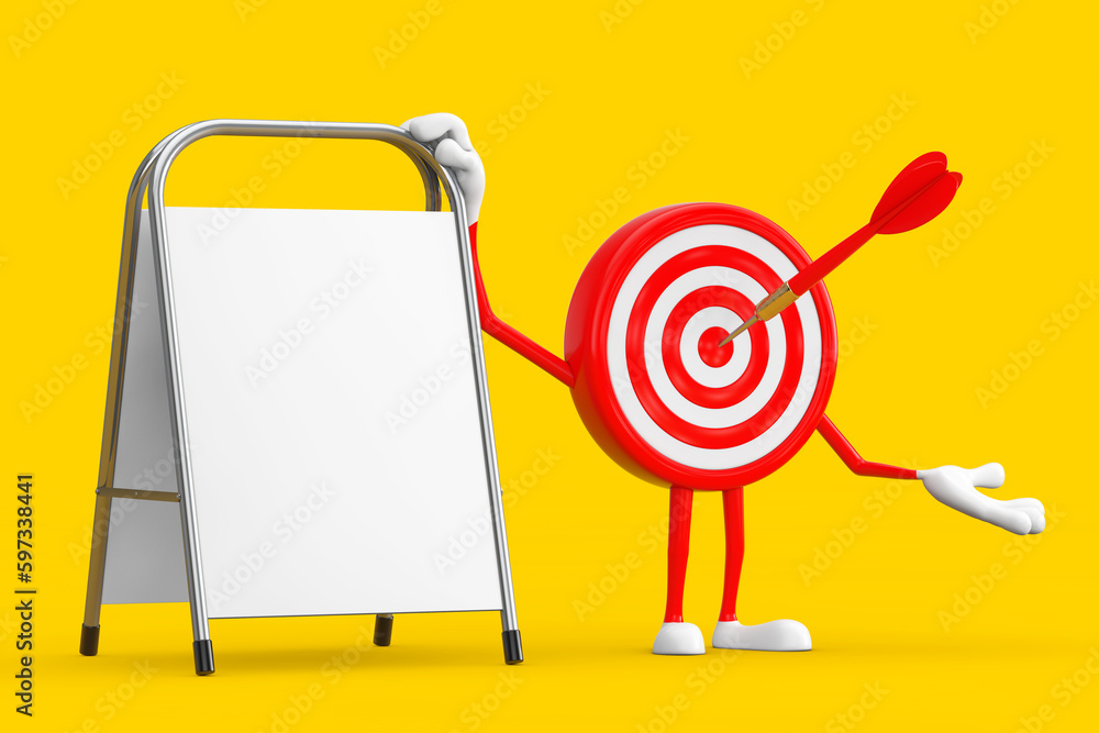 Poster archery target and dart in center cartoon person character mascot with white blank advertising promo
