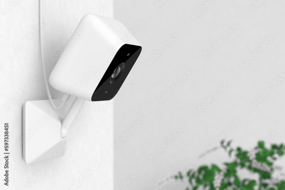Poster white modern web camera on a white room wall. 3d rendering