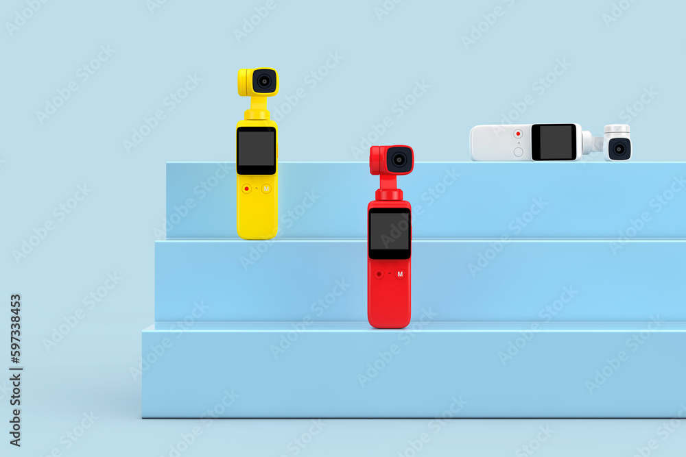 Poster multicolored pocket handheld gimbal action cameras on a blue product presentation podium cube. 3d re