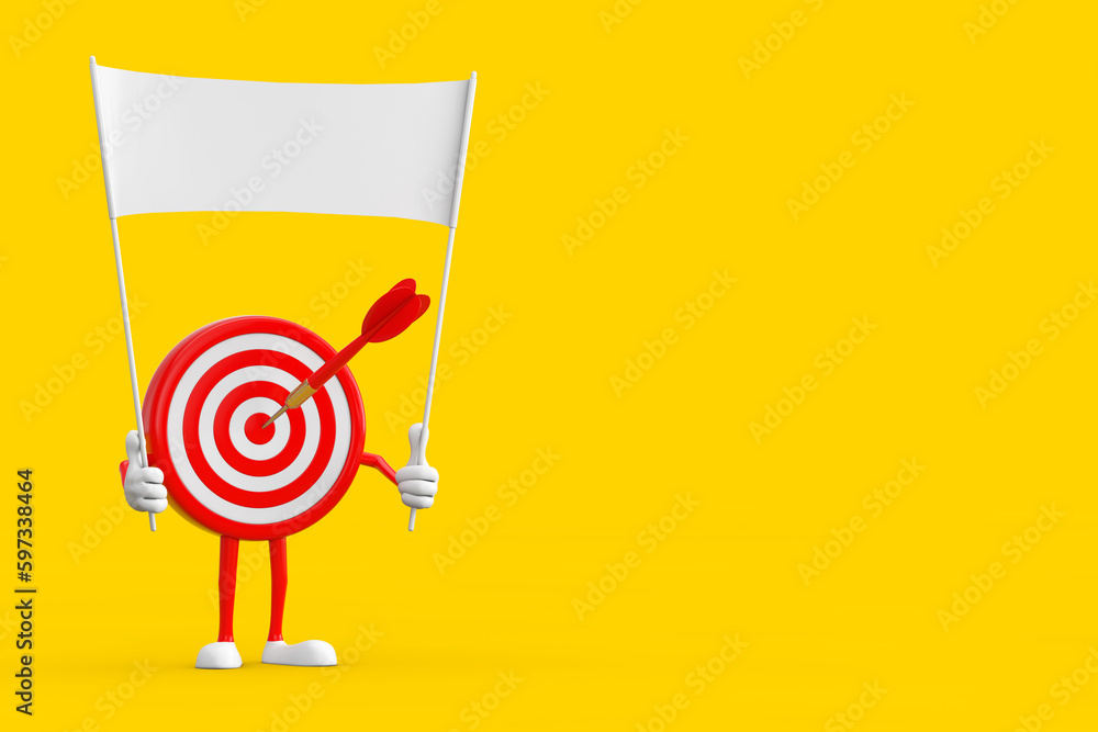 Poster archery target and dart in center cartoon person character mascot and empty white blank banner with 