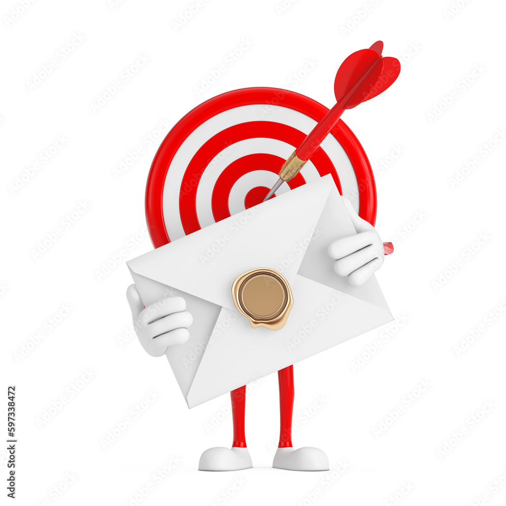 Aufkleber Archery Target and Dart in Center Cartoon Person Character Mascot with White Blank Envelope. 3d Rendering