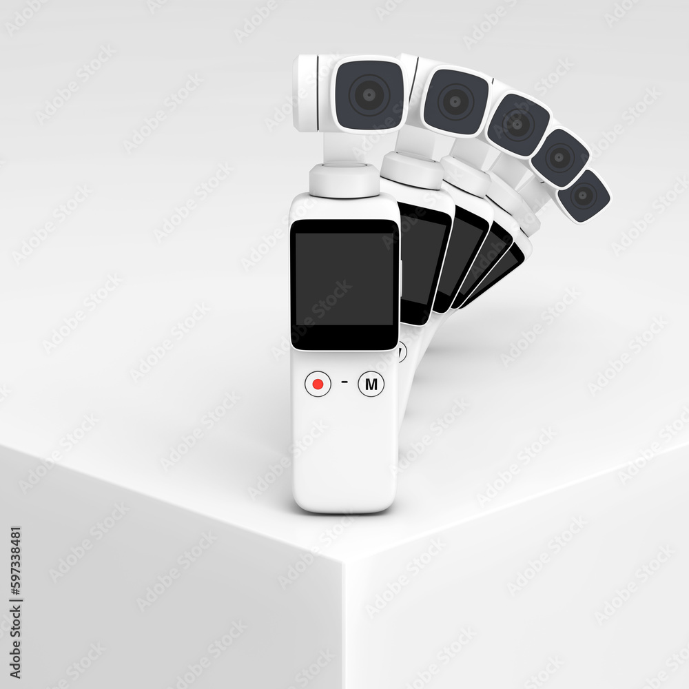 Poster row of white pocket handheld gimbal action camera on a white product presentation podium cube. 3d re