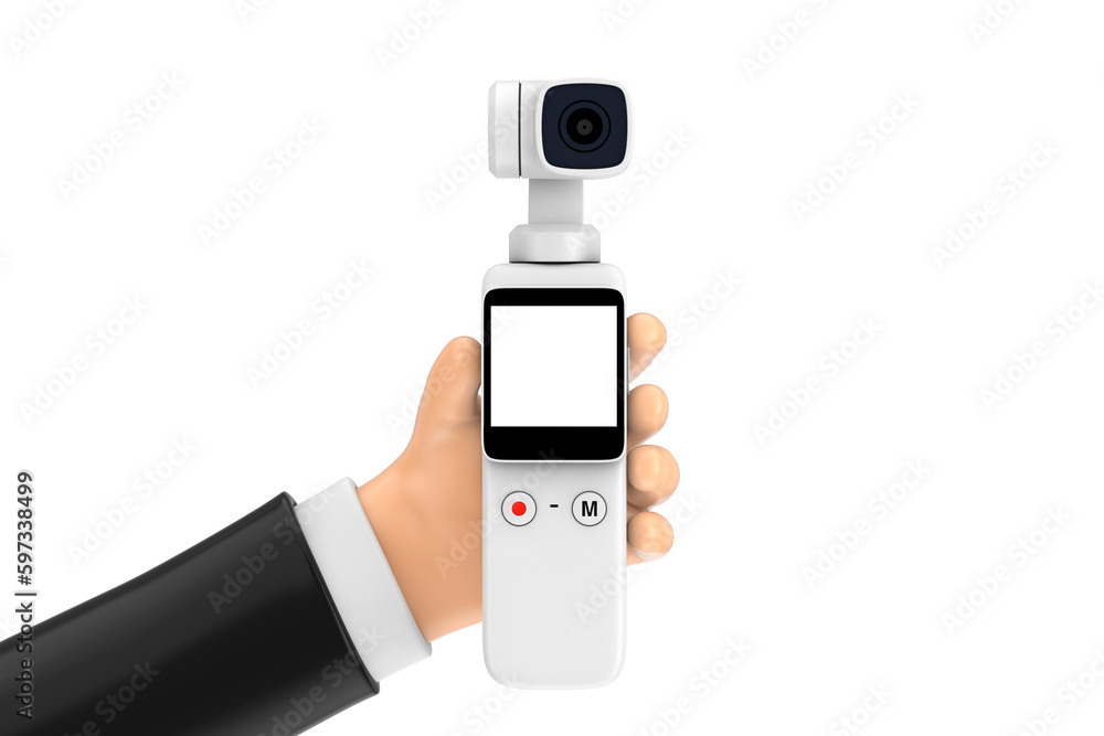 Poster white pocket handheld gimbal action camera in cartoon hand. 3d rendering
