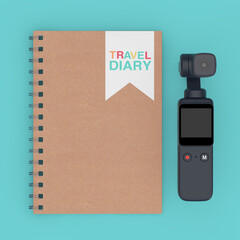 Brown Spiral Travel Diary Notepad with Pocket Handheld Gimbal Action Camera. 3d Rendering