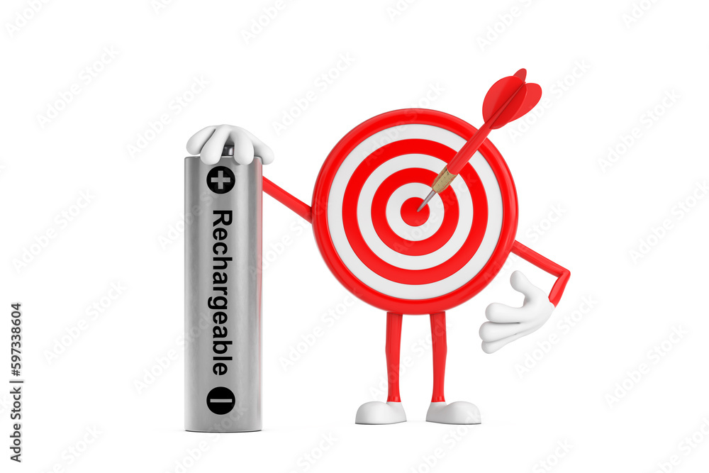 Poster archery target and dart in center cartoon person character mascot with rechargeable battery. 3d rend