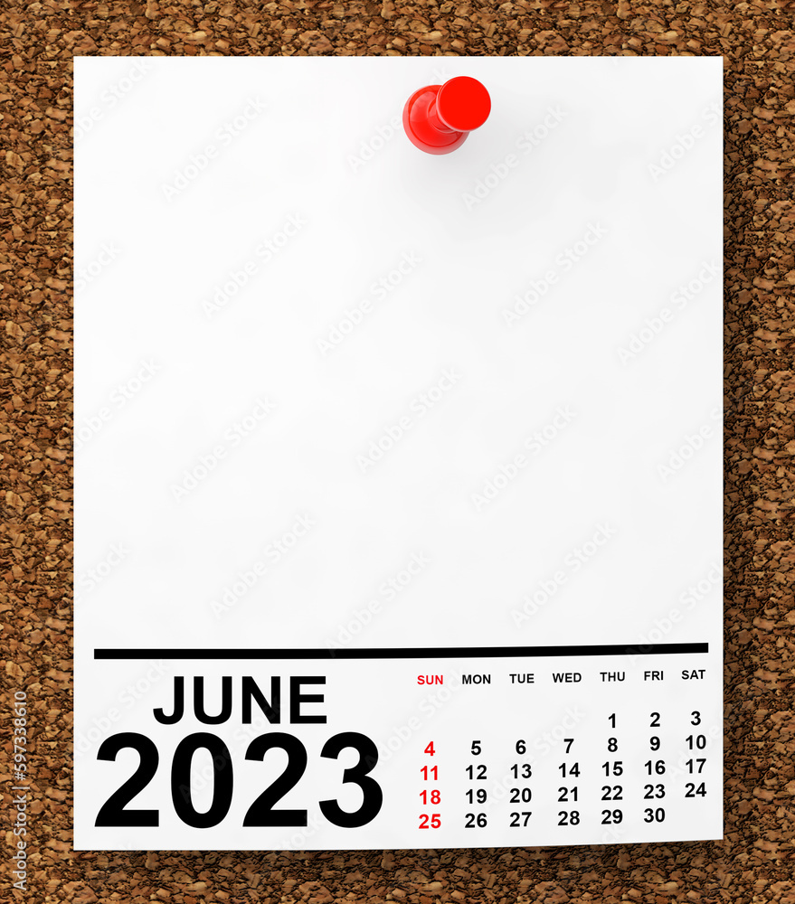 Poster calendar june 2023 on blank note paper. 3d rendering