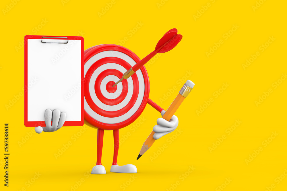 Aufkleber archery target and dart in center cartoon person character mascot with red plastic clipboard, paper 