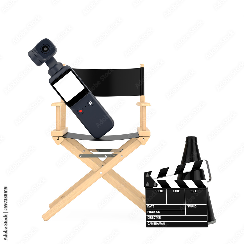 Poster pocket handheld gimbal action camera with director chair, movie clapper and megaphone. 3d rendering