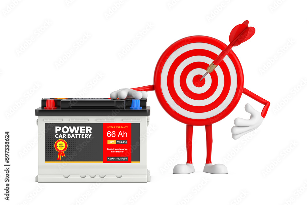 Leinwandbilder Archery Target and Dart in Center Cartoon Person Character Mascot and Rechargeable Car Battery 12V Accumulator with Abstract Label. 3d Rendering