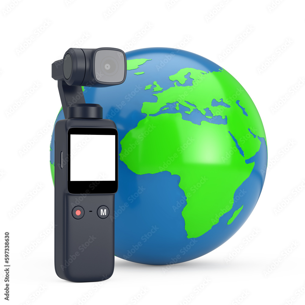 Aufkleber pocket handheld gimbal action camera with earth globe. 3d rendering
