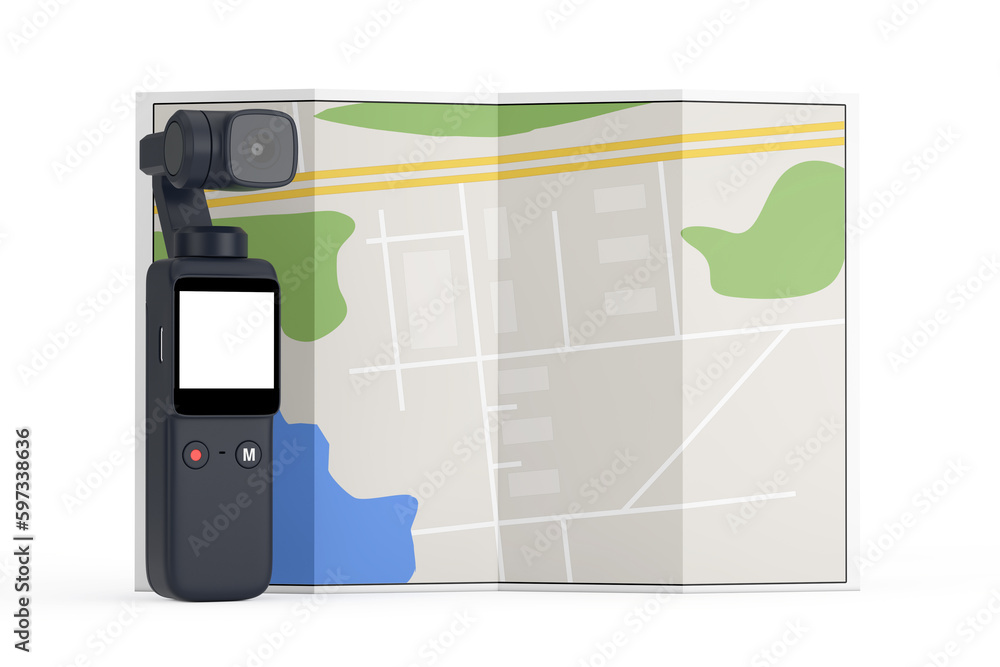 Poster Pocket Handheld Gimbal Action Camera with Abstract City Plan Map. 3d Rendering