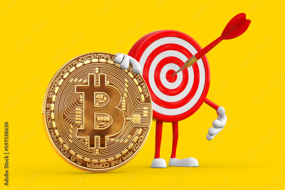 Poster archery target and dart in center cartoon person character mascot with cryptocurrency golden bitcoin