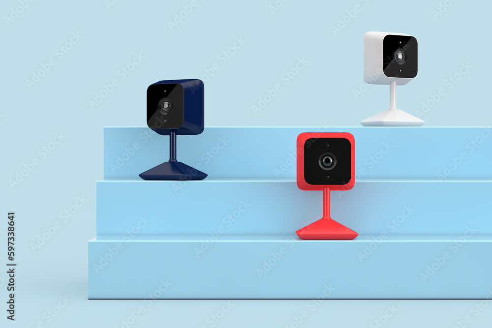 Poster multicolored modern web cameras on a blue product presentation podium cube. 3d rendering