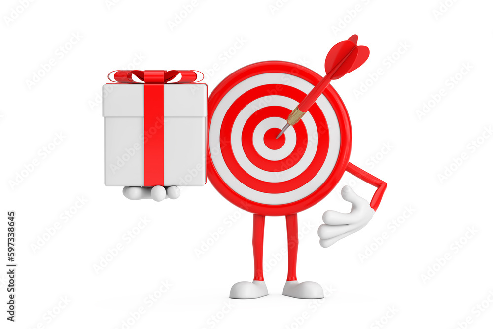 Aufkleber archery target and dart in center cartoon person character mascot and gift box with red ribbon. 3d r