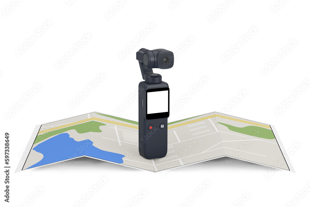 Poster pocket handheld gimbal action camera with abstract city plan map. 3d rendering