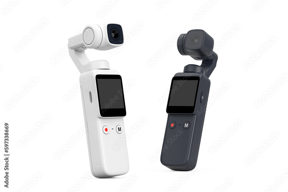 Poster black and white pocket handheld gimbal action cameras. 3d rendering