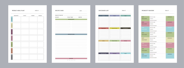 4 set of Recipe card, Meal Planner and groceries list planner. Plan you food day easily. Vector illustration