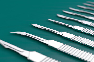 Set of Surgical Stainless Steel Metal Scalpels. 3d Rendering