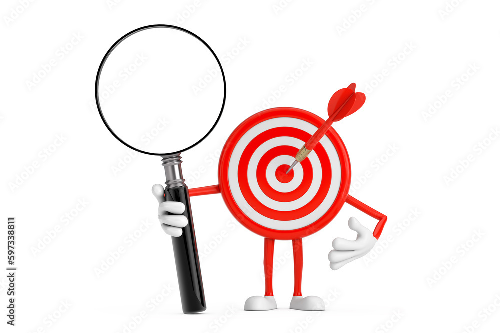 Leinwandbilder Archery Target and Dart in Center Cartoon Person Character Mascot with Magnifying Glass. 3d Rendering