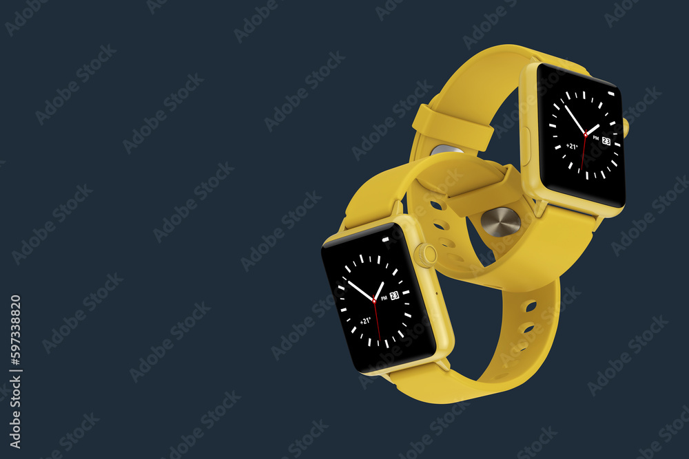 Poster yellow modern smart watch mockups connected together on a dark blue. 3d rendering