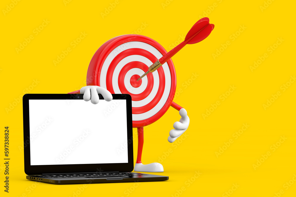 Poster archery target and dart in center cartoon person character mascot with modern laptop computer notebo