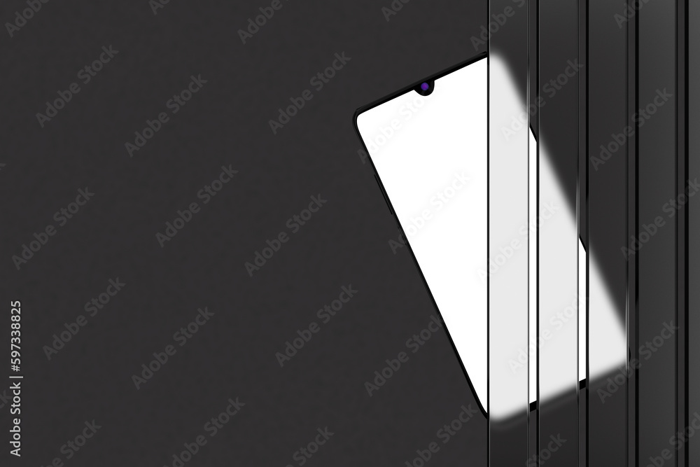 Poster modern mockup mobile phone with blank screen for your design behind of glass panels. 3d rendering