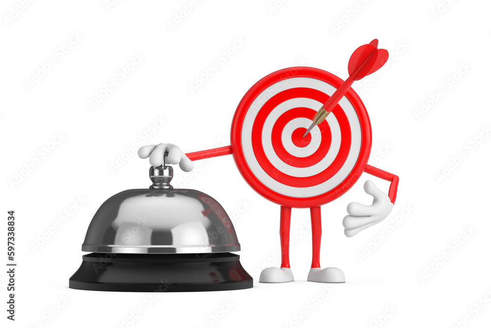 Poster archery target and dart in center cartoon person character mascot with hotel service bell call. 3d r