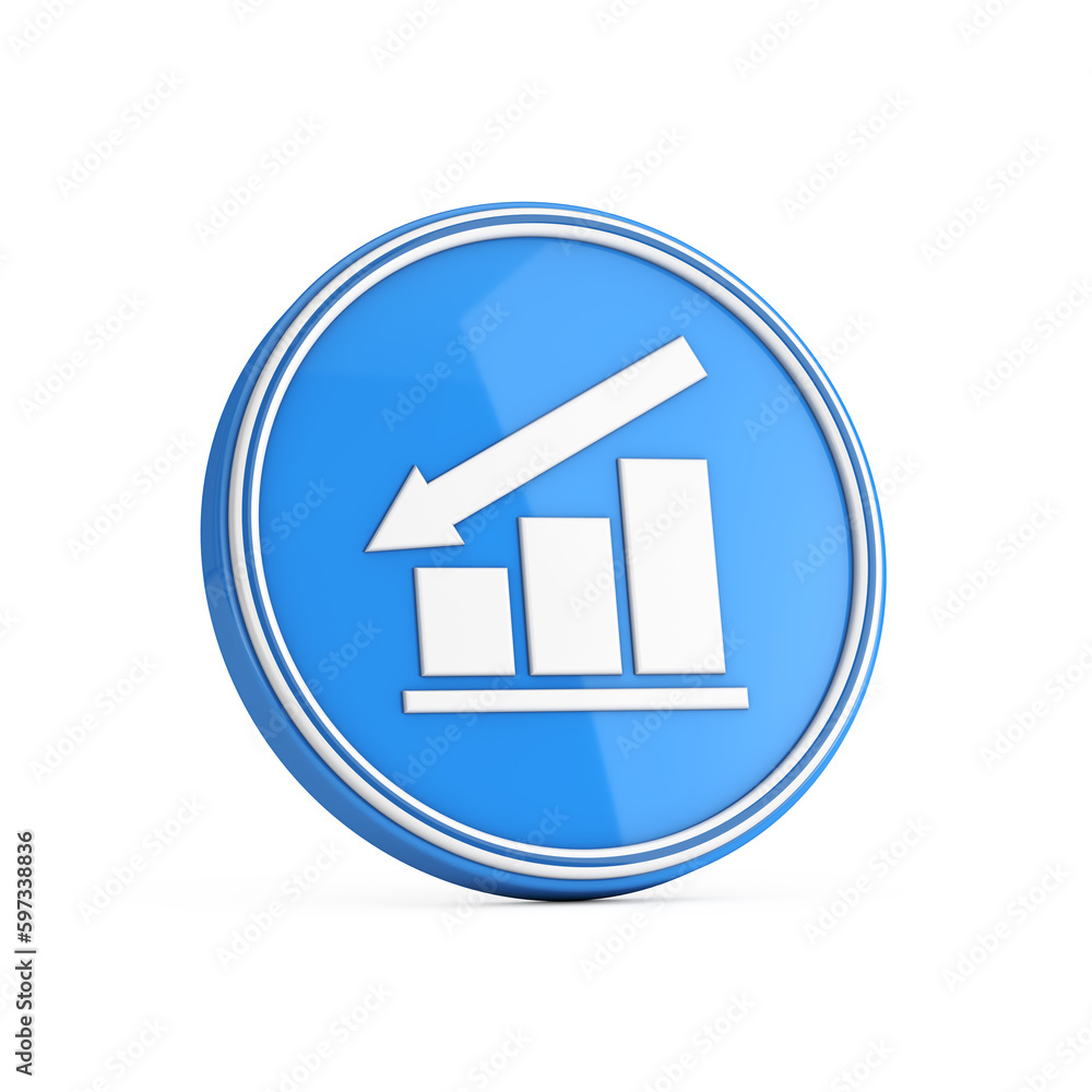 Poster decrease arrow and bar chart graph diagram statistical business icon in blue circle button. 3d rende