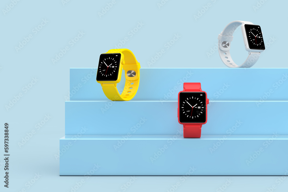 Poster white, yellow and red modern smart watch mockups on a blue product presentation podium cube. 3d rend