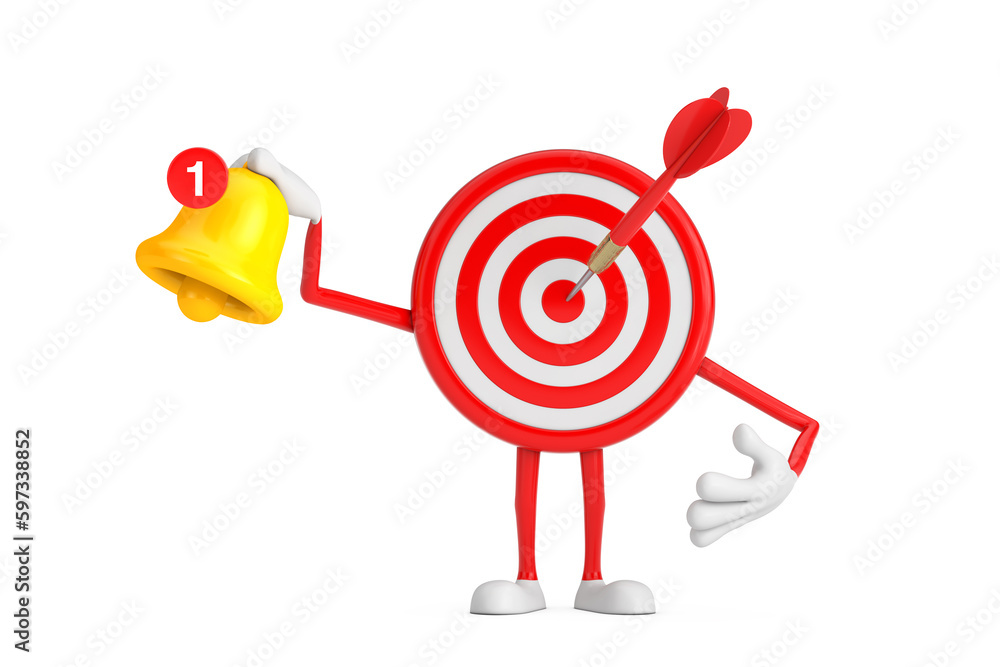 Poster archery target and dart in center cartoon person character mascot witn cartoon social media notifica