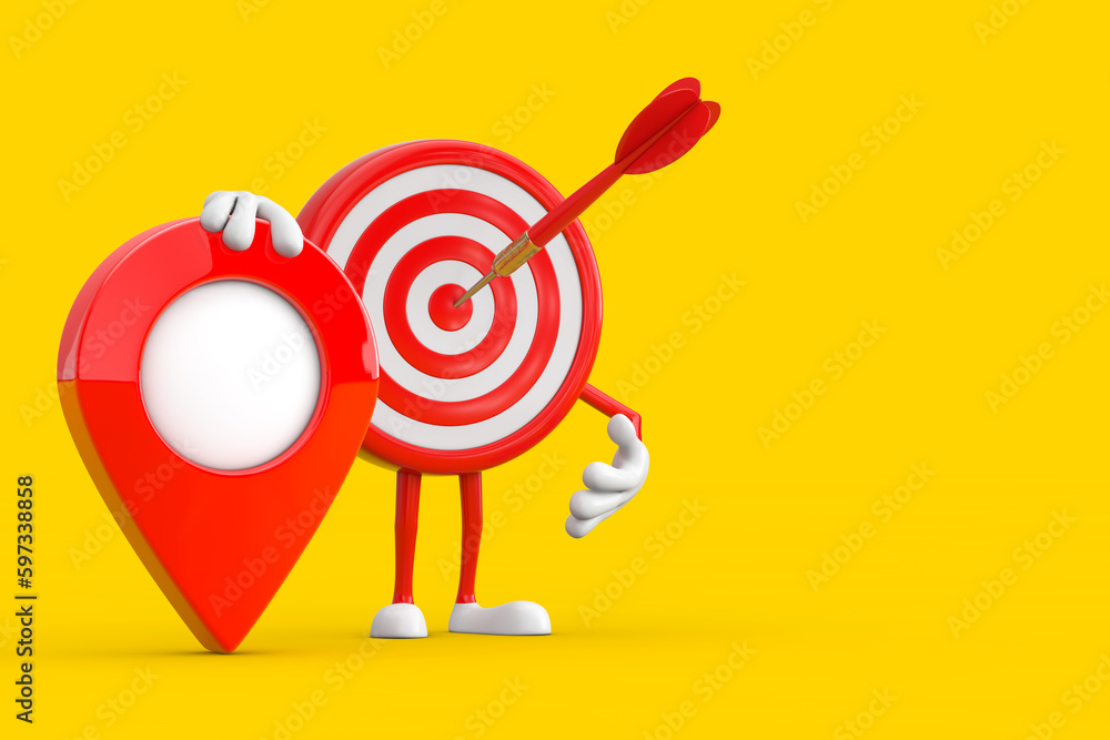 Poster archery target and dart in center cartoon person character mascot with red target map pointer pin. 3