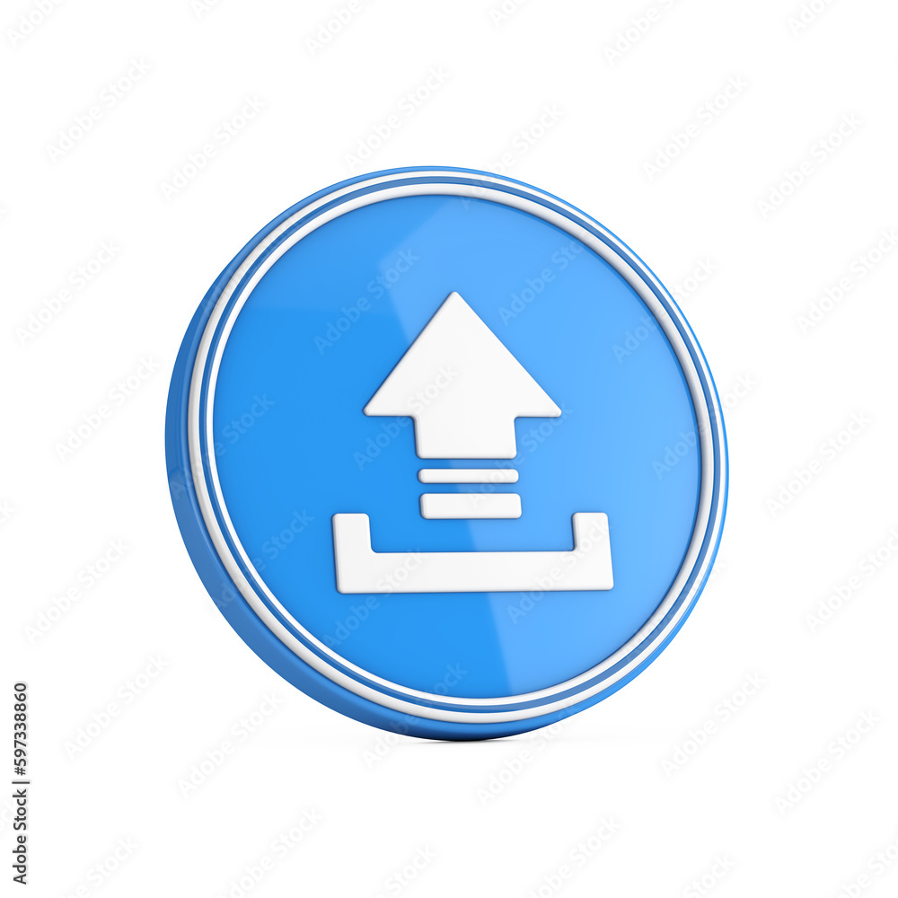 Poster upload icon in blue circle button. 3d rendering