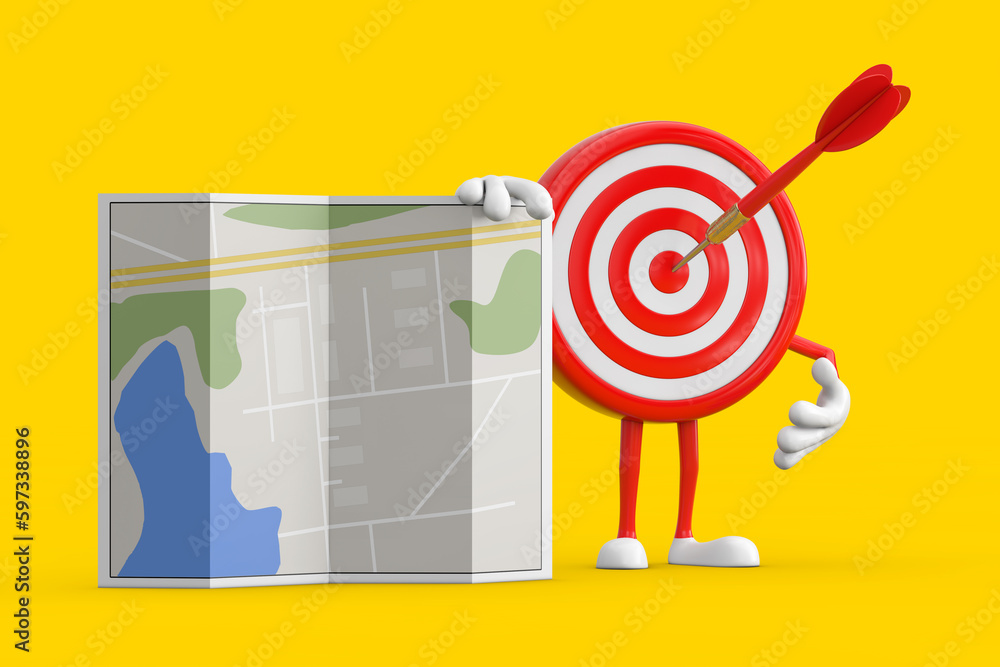 Poster archery target and dart in center cartoon person character mascot with abstract city plan map. 3d re
