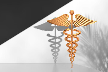 Gold Medical Caduceus Symbol on a White Product Presentation Podium Cube. 3d Rendering